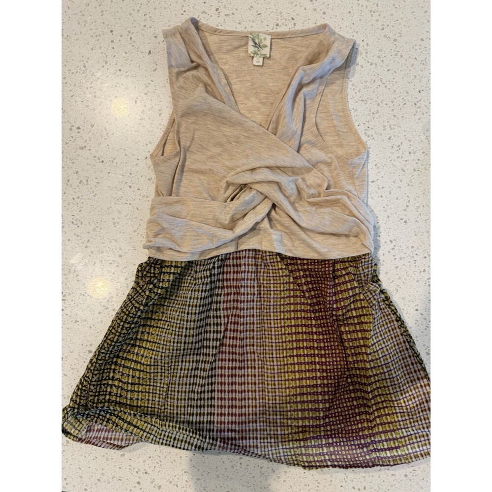 Made in San Francisco Beigev Twist-Front Tank Brown Checked Mini Dress XS